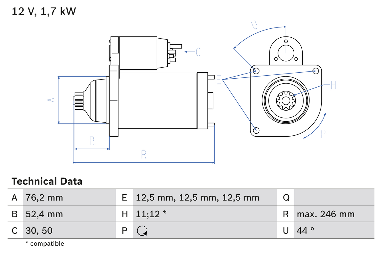 Startmotor utbytes 12V/1,7kW